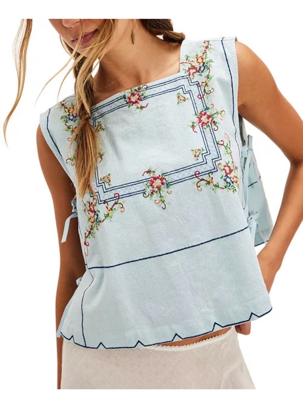 Free People Light Blue Embroidered Square Neck Tank